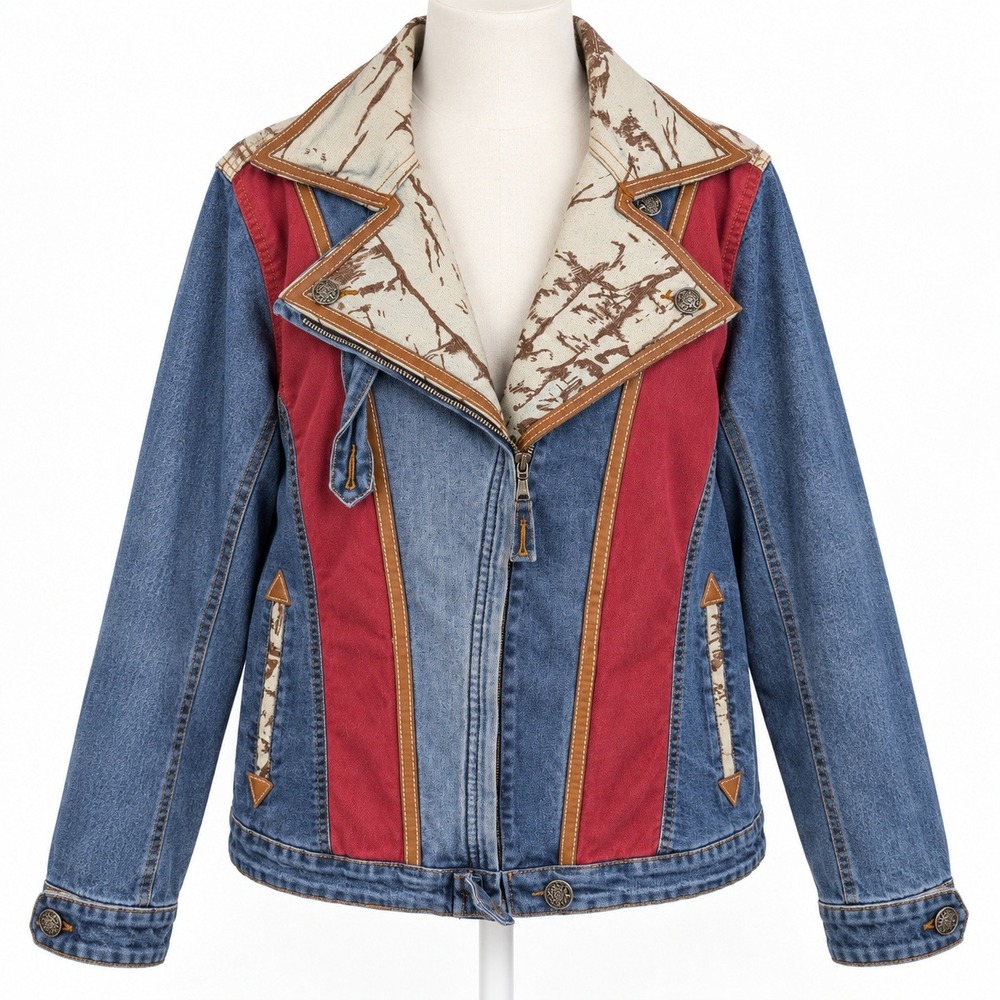 Vintage 90s Bob Berg Denim Jacket Size S Western Moto Leather Patchwork Indie